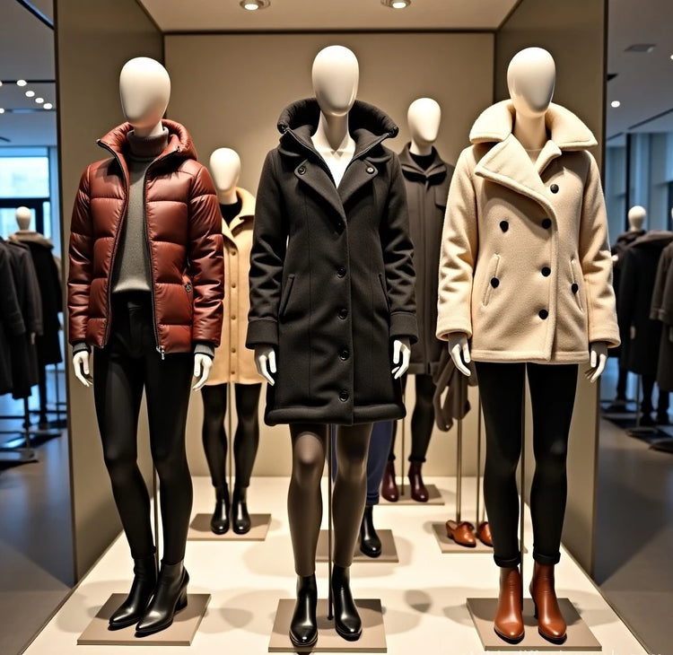 Collection de vêtements d'extérieur pour femme : vestes chauffantes, manteaux d'hiver élégants, cardigans confortables et doudounes tendance, présentés dans un décor hivernal chaleureux.