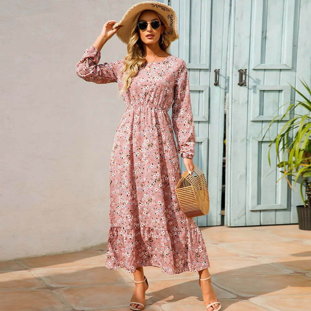 Aura Bohème | Maxi-Dress Fluide à Imprimé Floral & Manches Légères