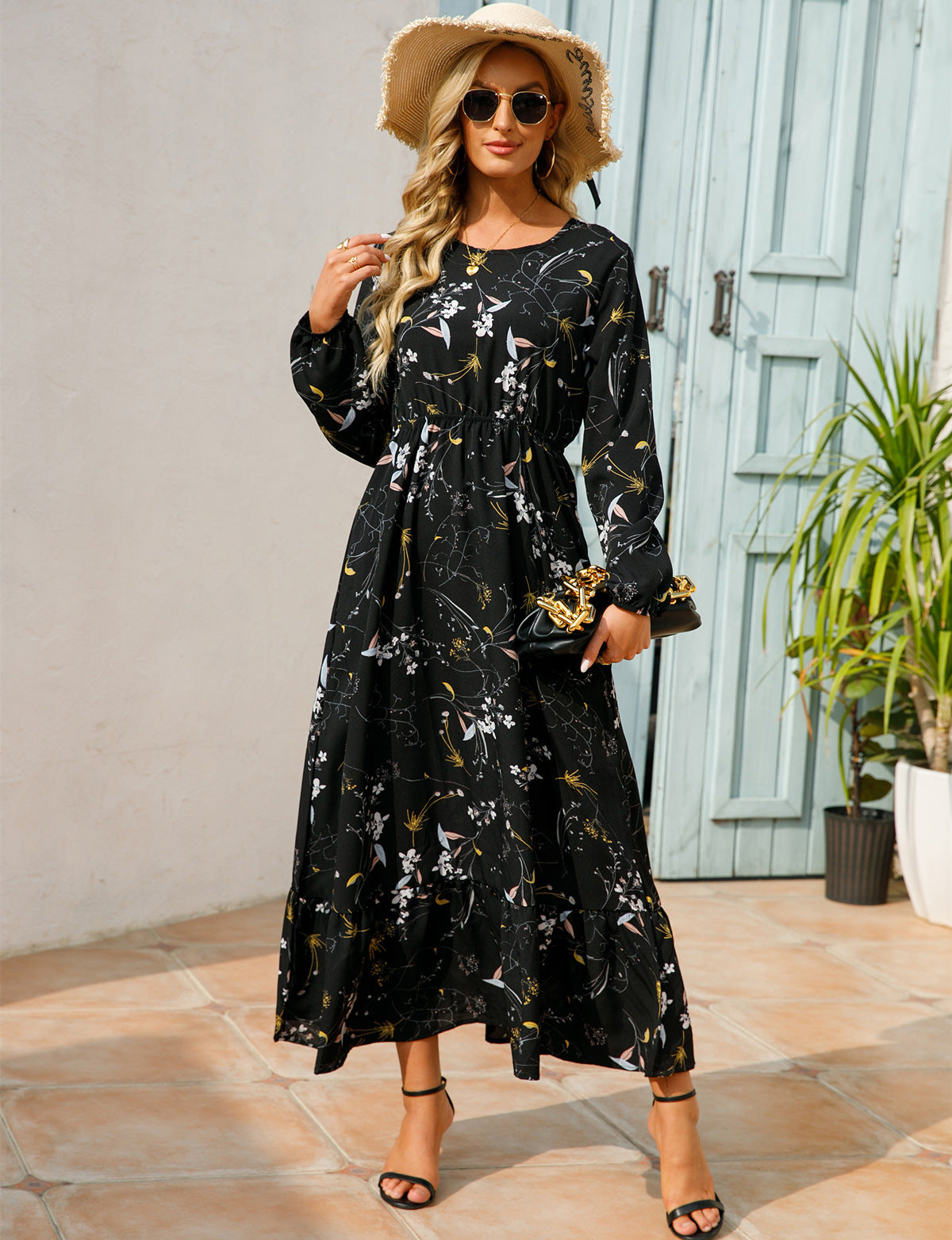 Aura Bohème | Maxi-Dress Fluide à Imprimé Floral & Manches Légères