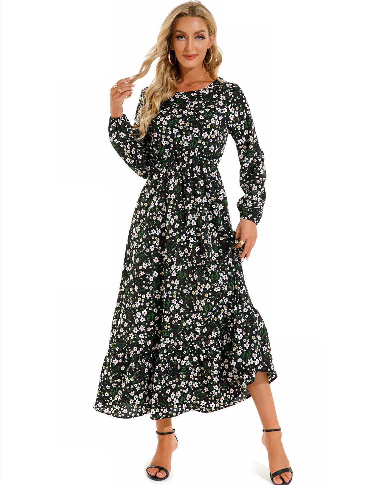Aura Bohème | Maxi-Dress Fluide à Imprimé Floral & Manches Légères