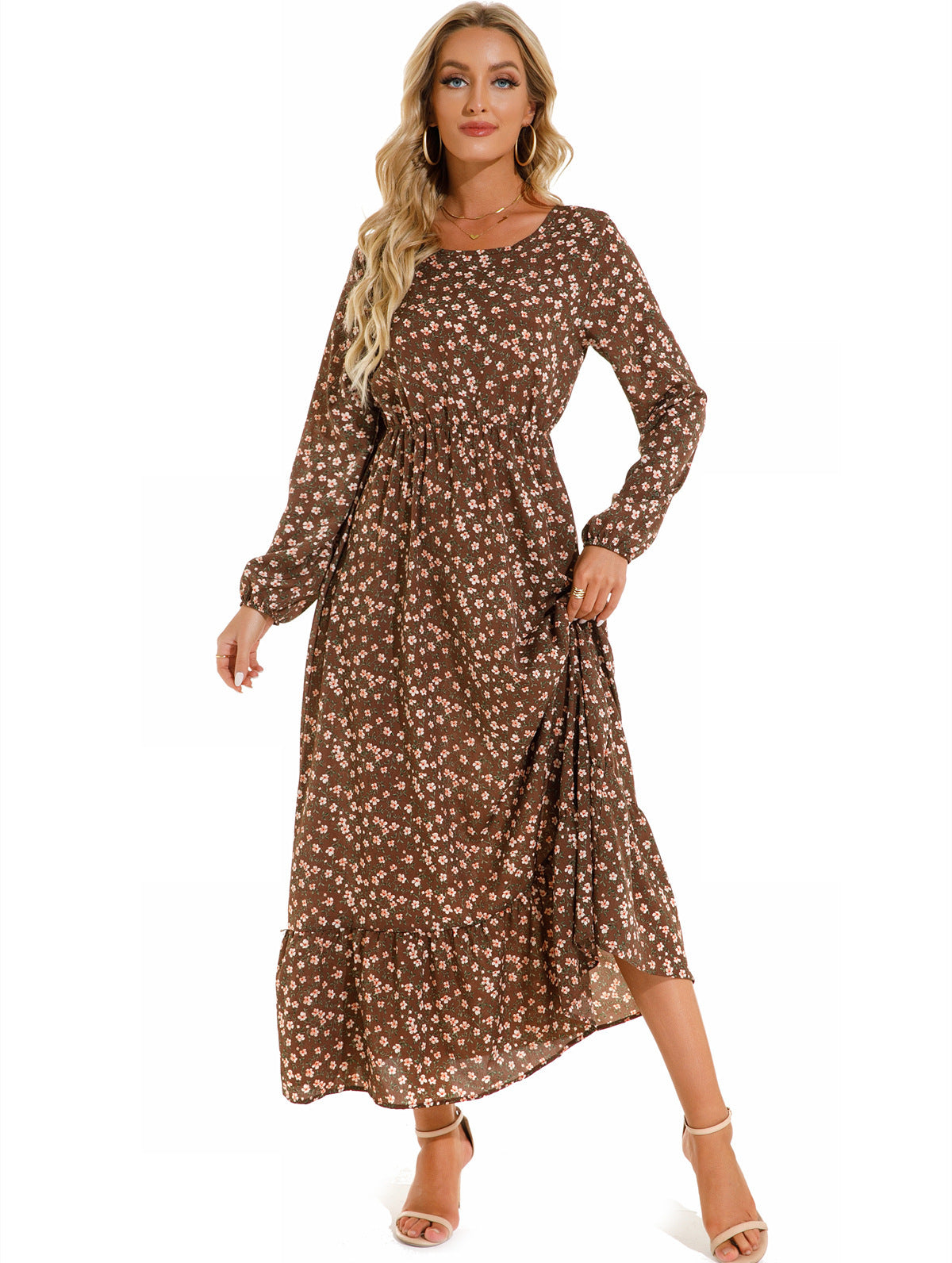 Aura Bohème | Maxi-Dress Fluide à Imprimé Floral & Manches Légères