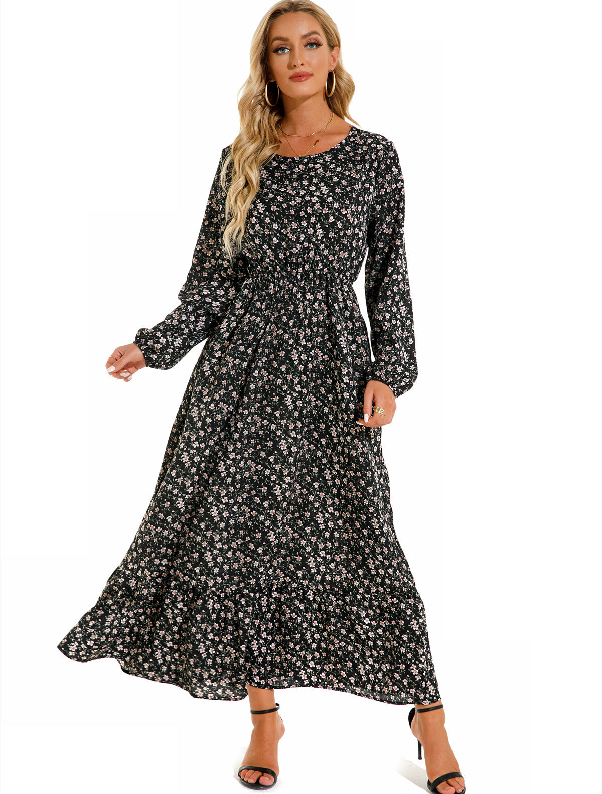 Aura Bohème | Maxi-Dress Fluide à Imprimé Floral & Manches Légères