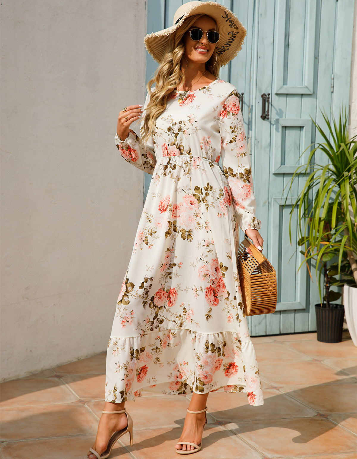 Aura Bohème | Maxi-Dress Fluide à Imprimé Floral & Manches Légères