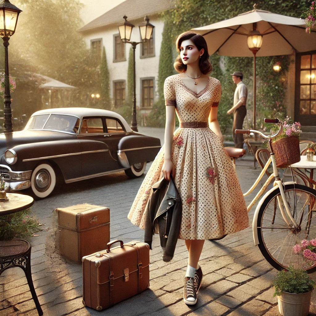 Femme élégante dans une robe vintage années 50, debout sur une rue pavée romantique avec des accessoires rétro tels qu'une valise en cuir et une bicyclette décorée de fleurs, accompagnée d'une voiture classique en arrière-plan.