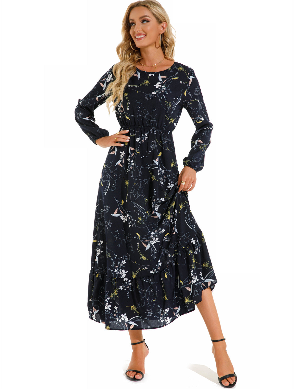 Aura Bohème | Maxi-Dress Fluide à Imprimé Floral & Manches Légères