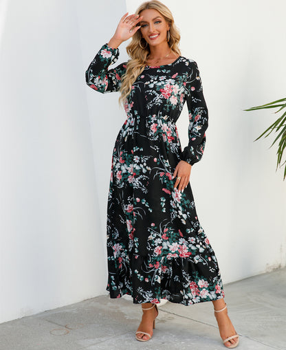 Aura Bohème | Maxi-Dress Fluide à Imprimé Floral & Manches Légères