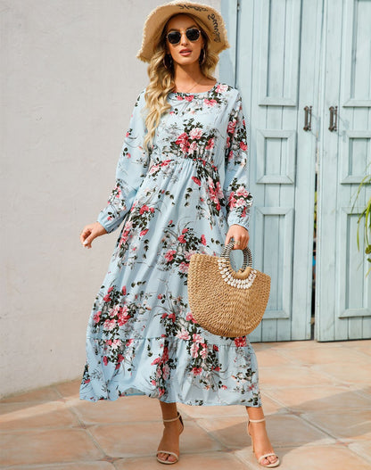 Aura Bohème | Maxi-Dress Fluide à Imprimé Floral & Manches Légères