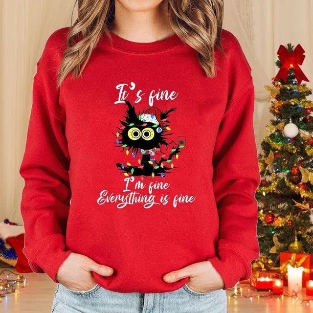Lady Christmas Cat Round Neck Sweater Long Sleeve