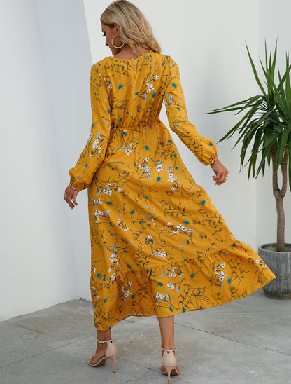 Aura Bohème | Maxi-Dress Fluide à Imprimé Floral & Manches Légères