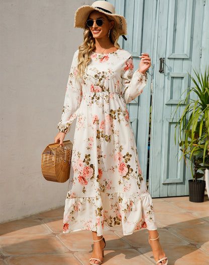 Aura Bohème | Maxi-Dress Fluide à Imprimé Floral & Manches Légères